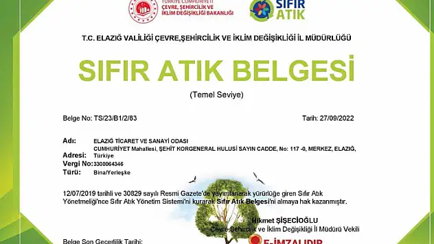 Elazığ TSO 'Sıfır Atık Belgesi' aldı