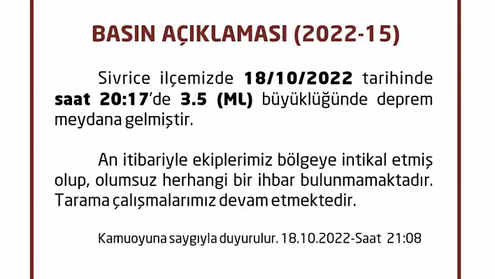 Elazığ'da 3.5 büyüklüğünde deprem