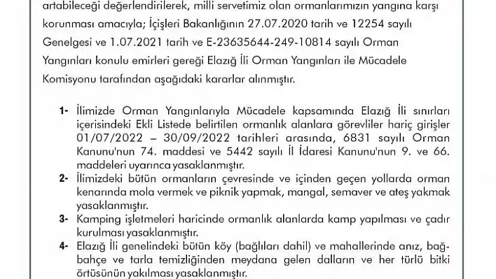 Elazığ'da ormanlık alanlara girişler yasaklandı