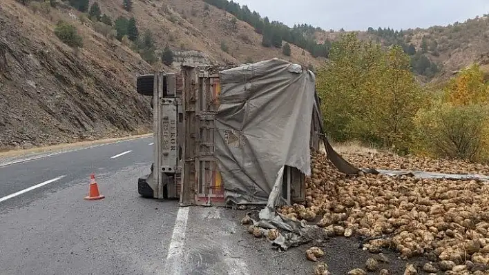 Elazığ'da pancar yüklü tır devrildi