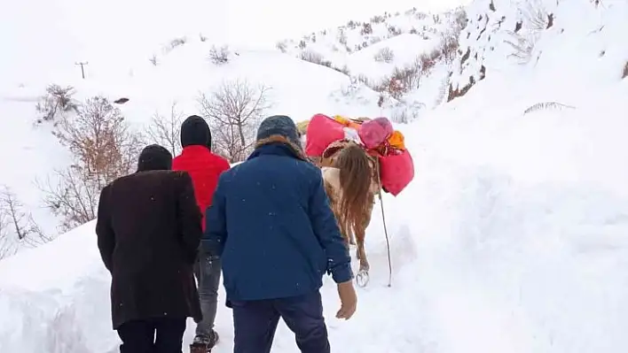 Kar nedeniyle yolları kapanan köylüler at ile erzak taşıdı