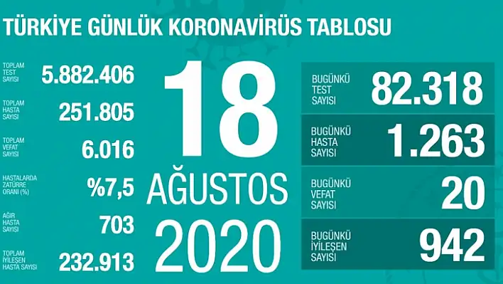 Son 24 saatte korona virüsten 20 kişi hayatını kaybetti