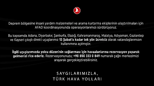 THY deprem bölgesindeki uçuşlarını ücretsiz yaptı