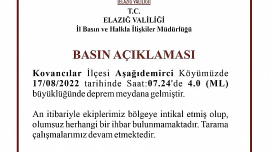 Elazığ'da 4 büyüklüğünde deprem