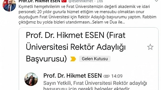 Esen, F.Ü Rektörlüğüne Aday Oldu