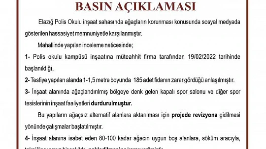 Valilik zarar gören ağaçlar için kayıtsız kalmadı, inşaat çalışmaları durduruldu