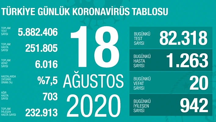 Son 24 saatte korona virüsten 20 kişi hayatını kaybetti