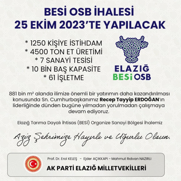 Elazığ Besi OSB İhalesi 25 Ekim'de yapılacak 