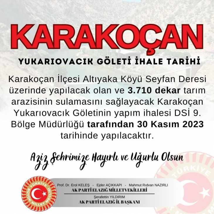 Karakoçan Yukarıovacık Göleti'nin ihalesi 30 Kasım'da yapılacak