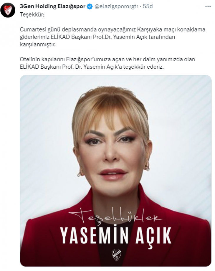 ELAZIĞSPOR'DAN PROF. DR. YASEMİN AÇIK'A TEŞEKKÜR 